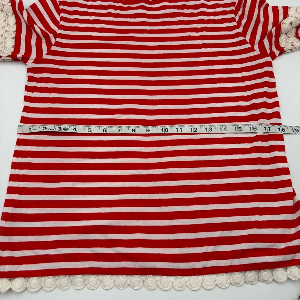 J.Crew Womens XS Red White Striped Eyelet Lace Trim Short Sleeve Cotton Top